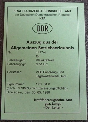 Simson KTA Papiere DDR S51 B2 mit originalem Stempel Blanko - Bild 1 von 2