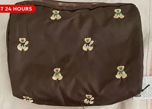 NWT! Lesportsac cute bear Embroidery Cosmetic Clutch pouch brown case bag - Picture 1 of 5