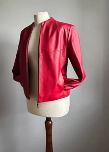 M&S RED LEATHER JACKET 10 12 biker racer short cropped soft red real PER UNA - Picture 1 of 23