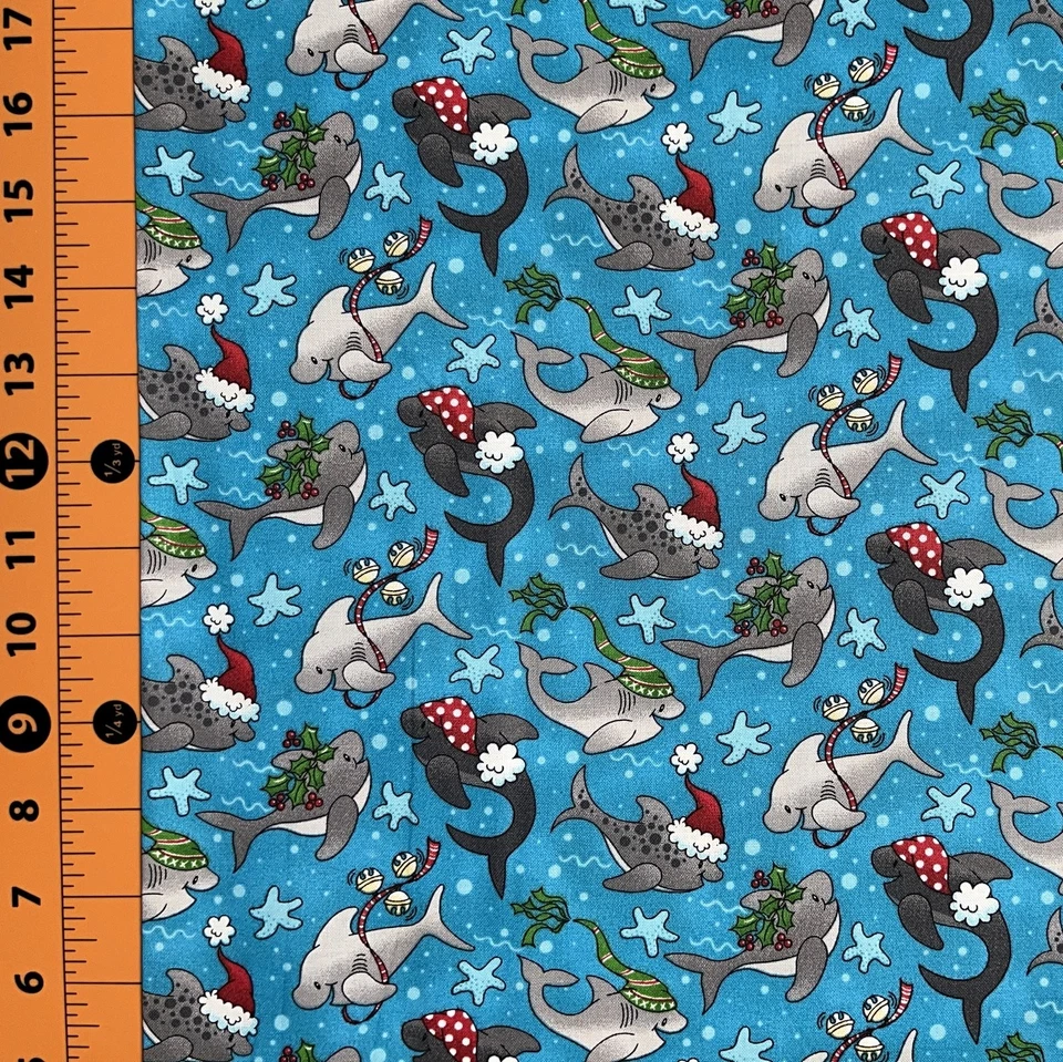 Fabric Traditions | Christmas Shark Allover Blue | YARD - Image 1 of 1