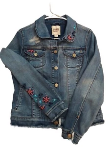 Vintage America Womens Small Blue Jean Jacket Embroidered Frayed Hem Light Wash - Picture 1 of 9