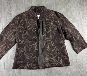 Chico's Blazer Jacket Womens Size 2 Brown Gold Open Front Embroidered - Picture 1 of 8
