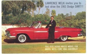1961 DODGE DART CONVERTIBLE with LAWRENCE WELK - Original Ad Postcard - Picture 1 of 2