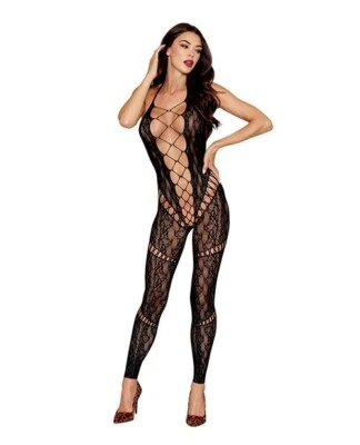 SEAMLESS LACE FOOTLESS BLACK BODYSTOCKING - Image 1 of 2