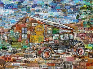 Póster de collage de arte de América antigua estación de servicio con carcasa de coche hecho de placas de coche - Imagen 1 de 5