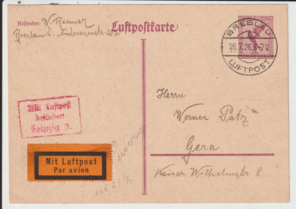 GERMANY - " BRESLAU LUFTPOST " AIRMAIL 1926 STAT.POSTCARD - Image 1 of 1