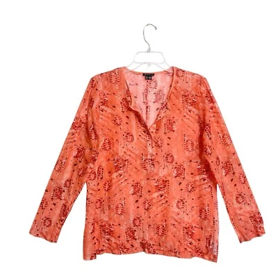 Theory Silk Blend Semi Sheer Popover Top Size M Womens Orange Abstract Print - Image 1 of 4