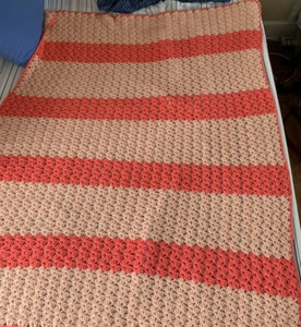 HANDMADE Peach & Coral Orange Striped Crochet Blanket Afghan 69" x 50" - Picture 1 of 5