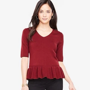 Ann Taylor Wool Blend Peplum V-Neck Red Short Sleeve Sweater Women’s Size XL - Picture 1 of 9