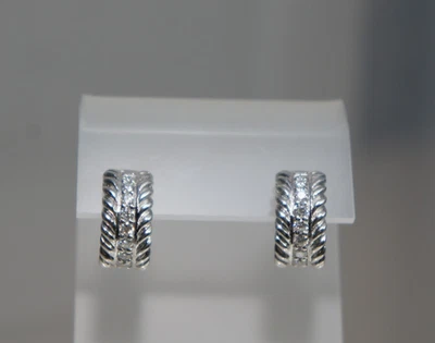 David Yurman Pave Diamond  Huggie Hoop Cable 925 Sterling 585 Earrings DY Pouch - Image 1 of 4