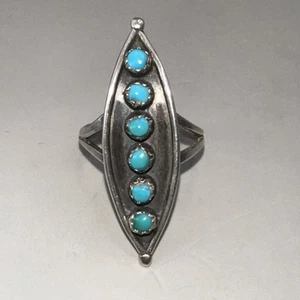 Native American Turquoise Set Long Sterling Silver Ring Size 4.5 (2.75g) - Picture 1 of 5