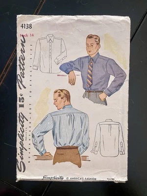 Vintage 1940s Simplicity 4138 Men’s Button Down Shirt Sewing Pattern Neck Sz 14 - Image 1 of 4