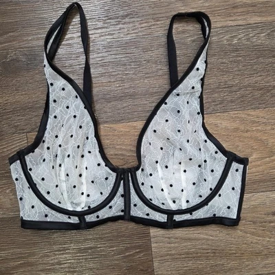 3 / $30 Victoria's Secret Unlined Plunge Bra 34D White Lace Polka Dot Sheer - Image 1 of 4