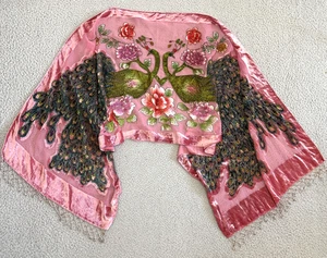 Peacock Silk Scarf Beaded Burnout Velvet Shawl Wrap Fringe Fairy Whimsigoth - Picture 1 of 8