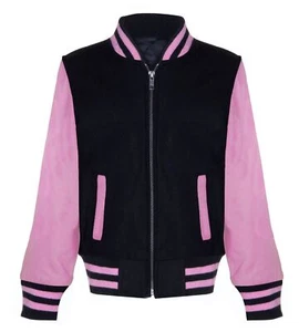 Kids Black Pink Varsity Bomber Jacket - Picture 1 of 4