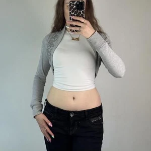 Y2K Vintage Grau Cropped Strickjacke Bolero Blumen Glitzer Langarm - Bild 1 von 8