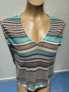 Nana Nucci Firenze Tan/Metal Gray/Turquoise Striped Sleeveless Top - Women's M - Picture 1 of 7