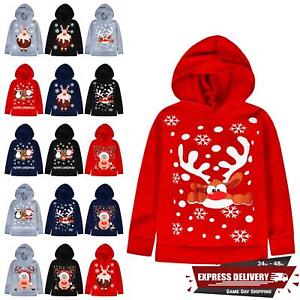 Kids Girls Boys Sweat Shirt Tops Christmas Printed Hooded Jumpers Age 5-13 Years