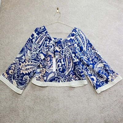 Nicole Miller Blouse Top Women's Small Blue Paisley Linen Lace Trim Long Sleeve - Image 1 of 4