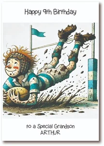 Tarjeta de cumpleaños personalizada Rugby Muddy Friend hijo nieto - BWP0016 - Imagen 1 de 1