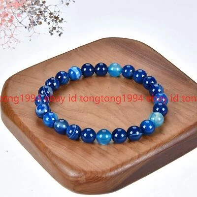 6/8/10mm Streifen Achat Blau Perlen Armbänder Frauen Männer Edelsteine  Armband - Bild 1 von 4