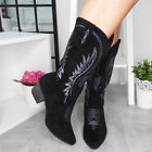 Cowboy Western Boots Mid Calf Shoes Ladies Zip Heel Faux Suede Pointy Womens Siz