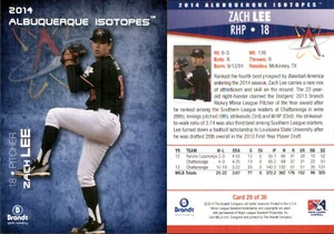 Zach Lee 2014 Brandt Albuquerque Isotopes #20 RC Card FREE SHIP *AutographDen* - Picture 1 of 1