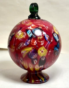 Murano Millefiori Globe Orb Footed Free Standing Hanging Witch Ball - Red Blue - Picture 1 of 8
