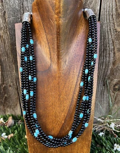 Sterling Silver Multi Strand Black Onyx with Turquoise Bead Necklace. 22 Inch - Picture 1 of 12