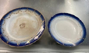 Lotto di 2 antichi piattini/piatti blu flusso La Francaise blu giapponese e oro - Foto 1 di 15
