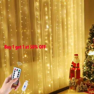 300 LED Curtain Fairy Lights String Indoor/Outdoor Backdrop Wedding Xmas Decors - Image 1 of 4