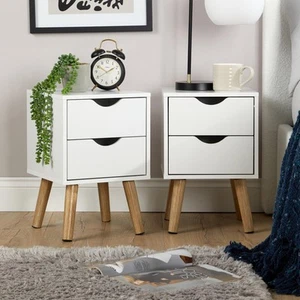 Mesita de noche blanca con 2 cajones para dormitorio mesa auxiliar para almacenamiento patas de madera moderna - Imagen 1 de 7