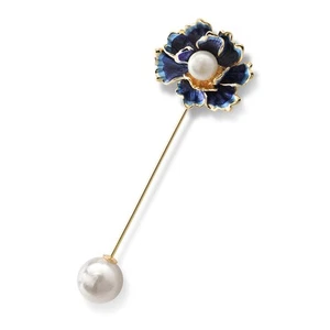 Cultured Freshwater Pearl Dark Blue Rose Flower Yellow Plated Large Brooch Pin - Picture 1 of 4