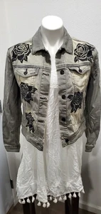 Lularoe Black Denim Jacket with Embroidered Roses Stretch Women’s S EUC  - Picture 1 of 8