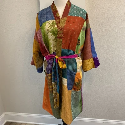Indian Patchwork Kimono Caftan Robe Silk Cotton Rayon One Size Colorful Boho EUC - Image 1 of 4