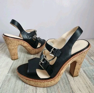 Sandalias gruesas Coach Katee de corcho de cuero negro plataforma tacón alto para mujer talla 11B Foto 1 de 4