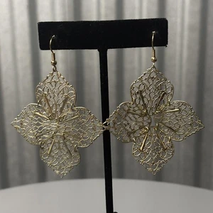 Filigree Dangle Earrings Gold Tone Floral Quatrefoil Boho Women Statement Hook - Picture 1 of 7