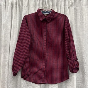 Allison Daley II Button Up Shirt Women Red Blue Plaid Roll Tab Sleeve Sz 16 - Picture 1 of 6