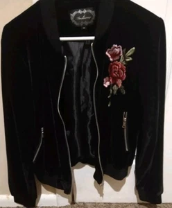 Ambiance Bomberjacke Rose bestickt schwarz Velour Full Zip Größe M - Bild 1 von 7