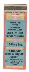 Arrow Wine & Liquor Store Amsterdam Avenue NYC Vintage Streichholzschachtelhülle ST7 - Bild 1 von 2