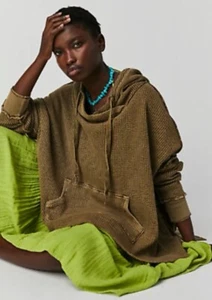 free people one gannet hoodie waffle knit olive green L - Picture 1 of 8