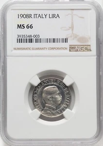 ITALY KINGDOM 1908-R 1 LIRA SILVER COIN, GEM UNCIRCULATED, NGC CERTIFIED MS66 - Picture 1 of 2