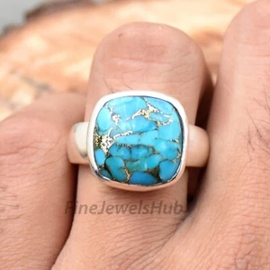 Blue Copper Turquoise Ring, 925 Sterling Silver Ring, Cushion Gemstone Ring - Picture 1 of 9