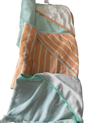 Hooded Infant Bath Towel Gender Neutral Aqua Stripes Orange Towel Set of 3 - Image 1 of 2
