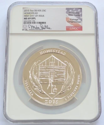2015, NGC, America the Beautiful 5 oz, Homestead, MS69 DPL, First Day Castle Sig - Image 1 of 4