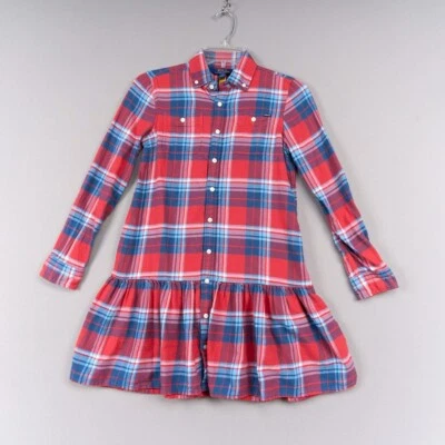 Polo Ralph Lauren Shirt Dress Girls 12 Red Plaid Drop Waist Ruffle Collar - Image 1 of 4