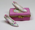 LIMOGES FRANCE BOX - PINK "PARIS" SHOE BOX AND FLORAL HIGH HEEL SHOES - FLOWERS