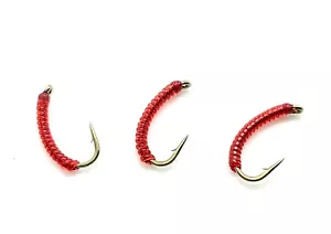 3 x Bloodworm Buzzer Fly, Red Segmented Body, Size 12 Trout Flies - Picture 1 of 2
