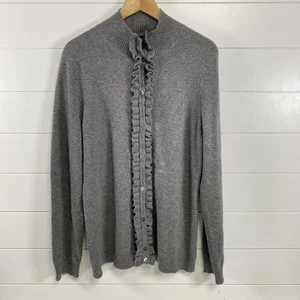McDuff Sweater Womens XL Gray 100% Cashmere Ruffle Button Cardigan Pullover Soft - Picture 1 of 9