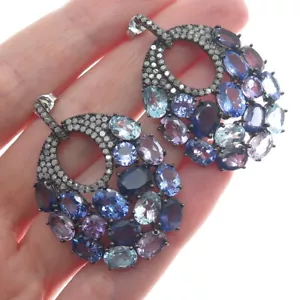 925 Sterling Silver Black Rhodium Real Diamond & Multi-Color Gem Earrings - Picture 1 of 7